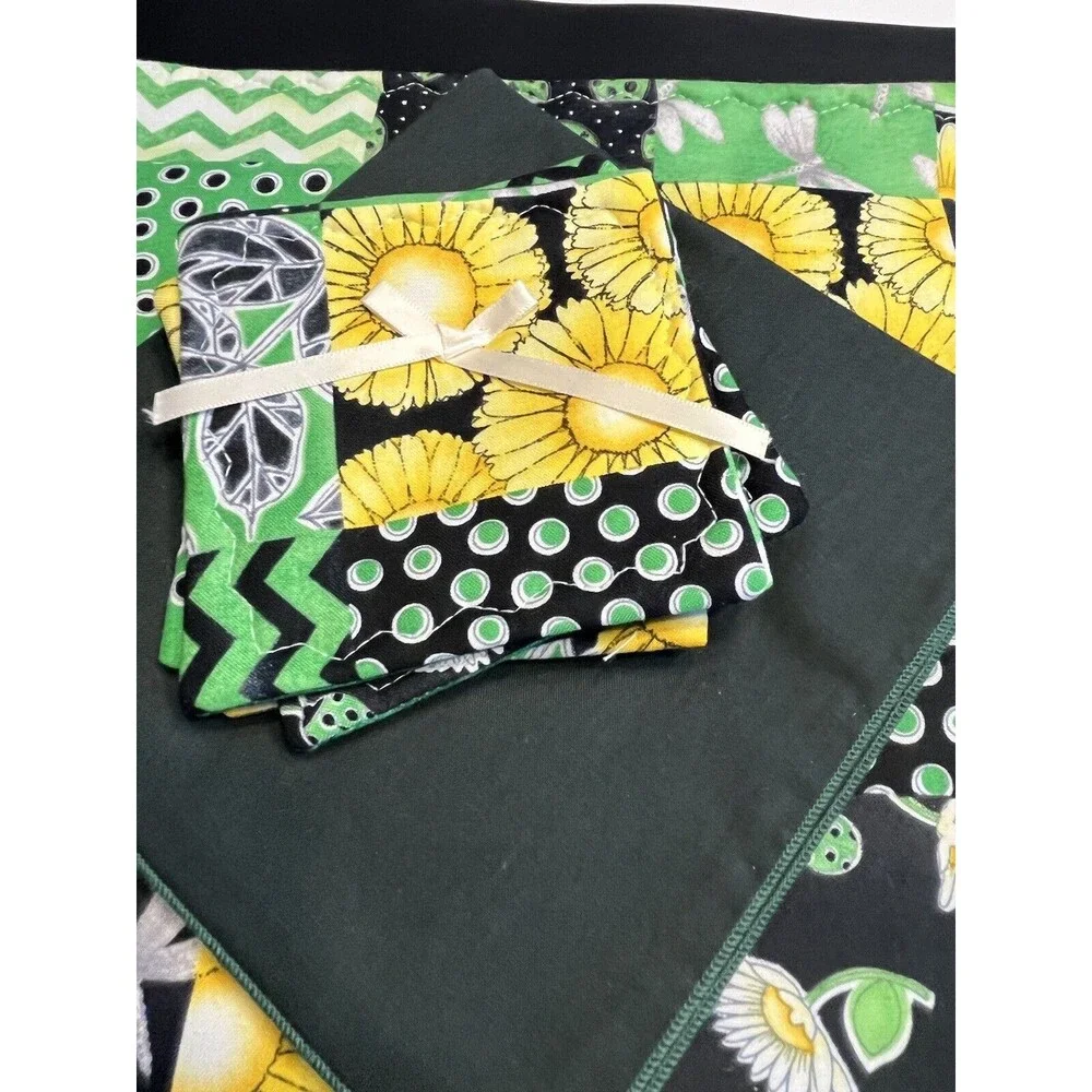 12pc Quilted Yellow Flowers Dragonfly Placemats Napkins Coasters Amish Made New